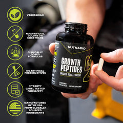 NutraBio Growth Peptides health graphic illustrating peptide muscle support concept.