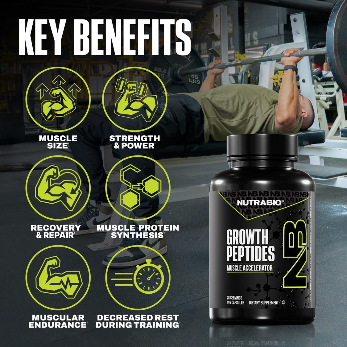 NutraBio Growth Peptides packaging front view with clear nutrition details.