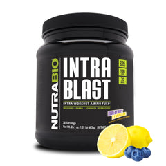 NutraBio Intra Blast blueberry lemonade powder supports hydration during workouts.