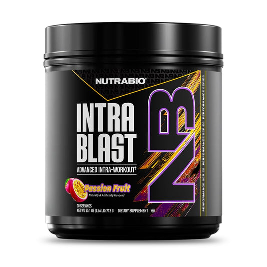 NutraBio Intra Blast bottle pouring powder into water for hydration during training.