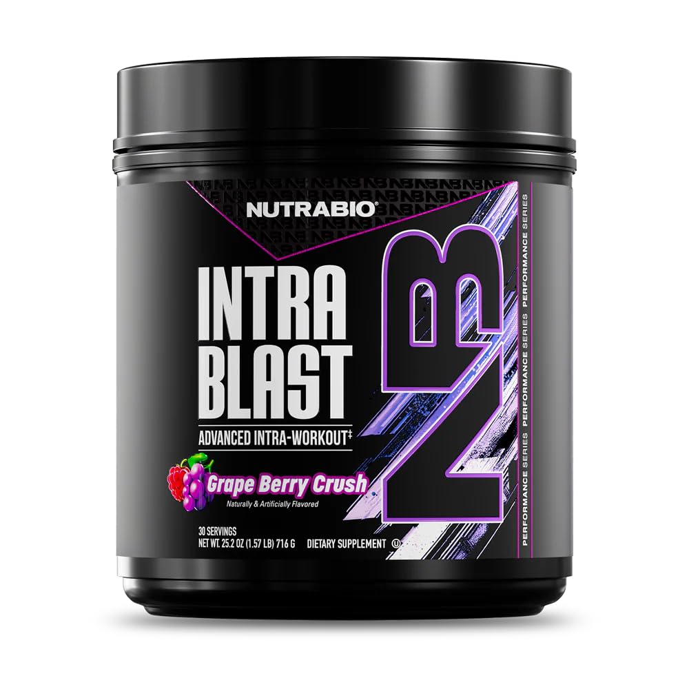 NutraBio Intra Blast bottle highlighting electrolyte hydration during workouts.