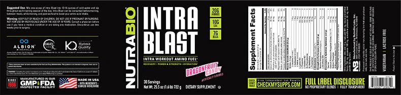 NutraBio Intra Blast label closeup, dragonfruit candy flavor, purity noted.