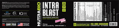 NutraBio Intra Blast label closeup, dragonfruit candy flavor, purity noted.
