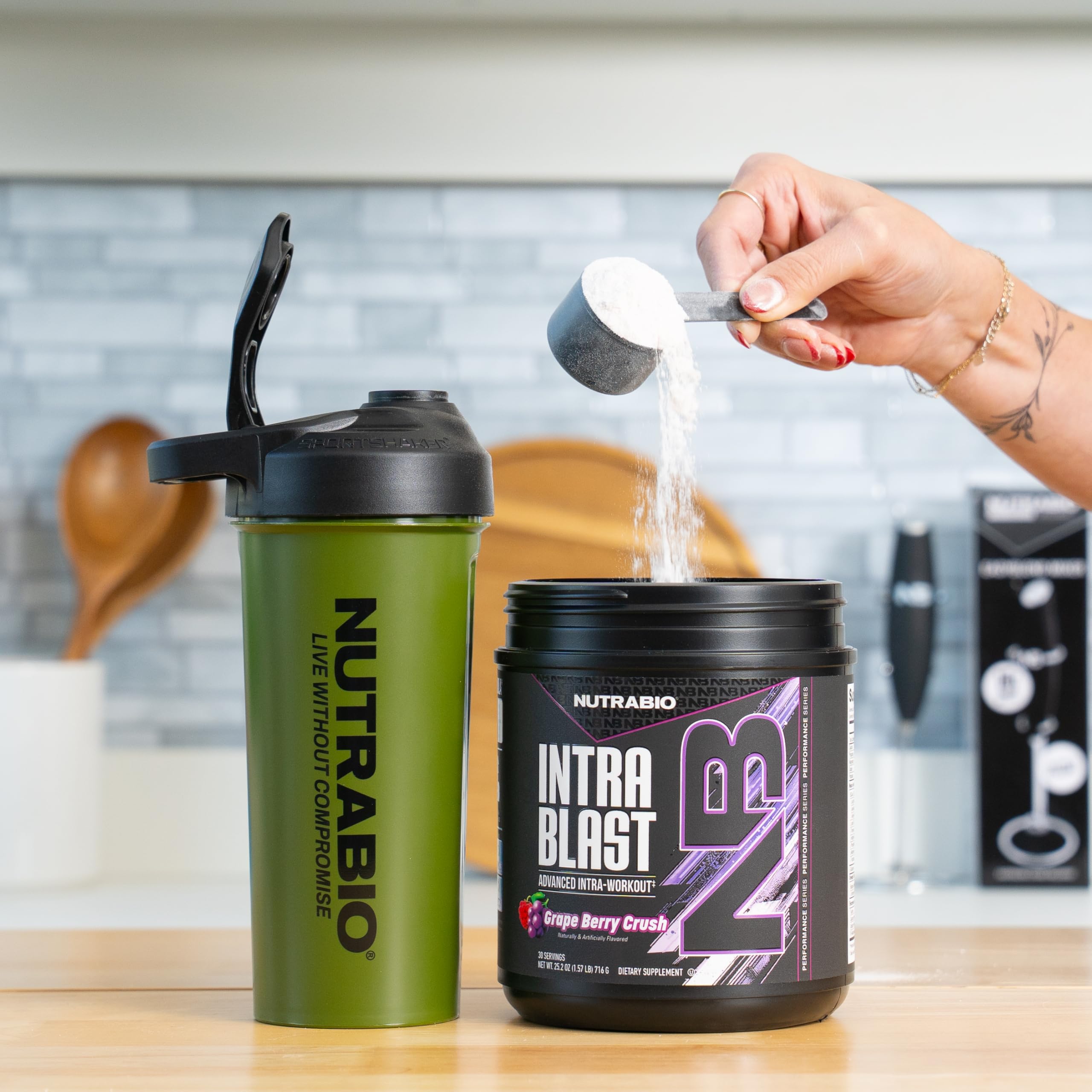 NutraBio Intra Blast mixing water to form a refreshing drink.