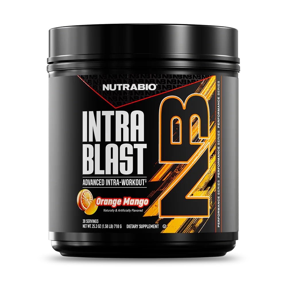 NutraBio Intra Blast orange mango powder in a scoop ready to mix for intra-workout hydration.