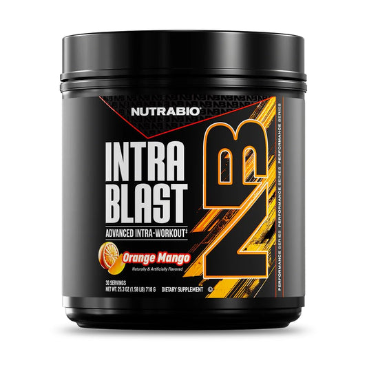 NutraBio Intra Blast orange mango powder in a scoop ready to mix for intra-workout hydration.