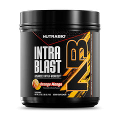 NutraBio Intra Blast orange mango powder in a scoop ready to mix for intra-workout hydration.