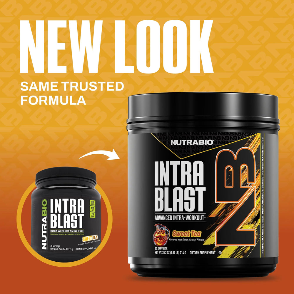 NutraBio Intra Blast powder dispense highlights quick intra-workout amino acid delivery
