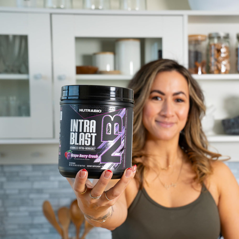 NutraBio Intra Blast powder jar showing vegan BCAAs and glutamine.