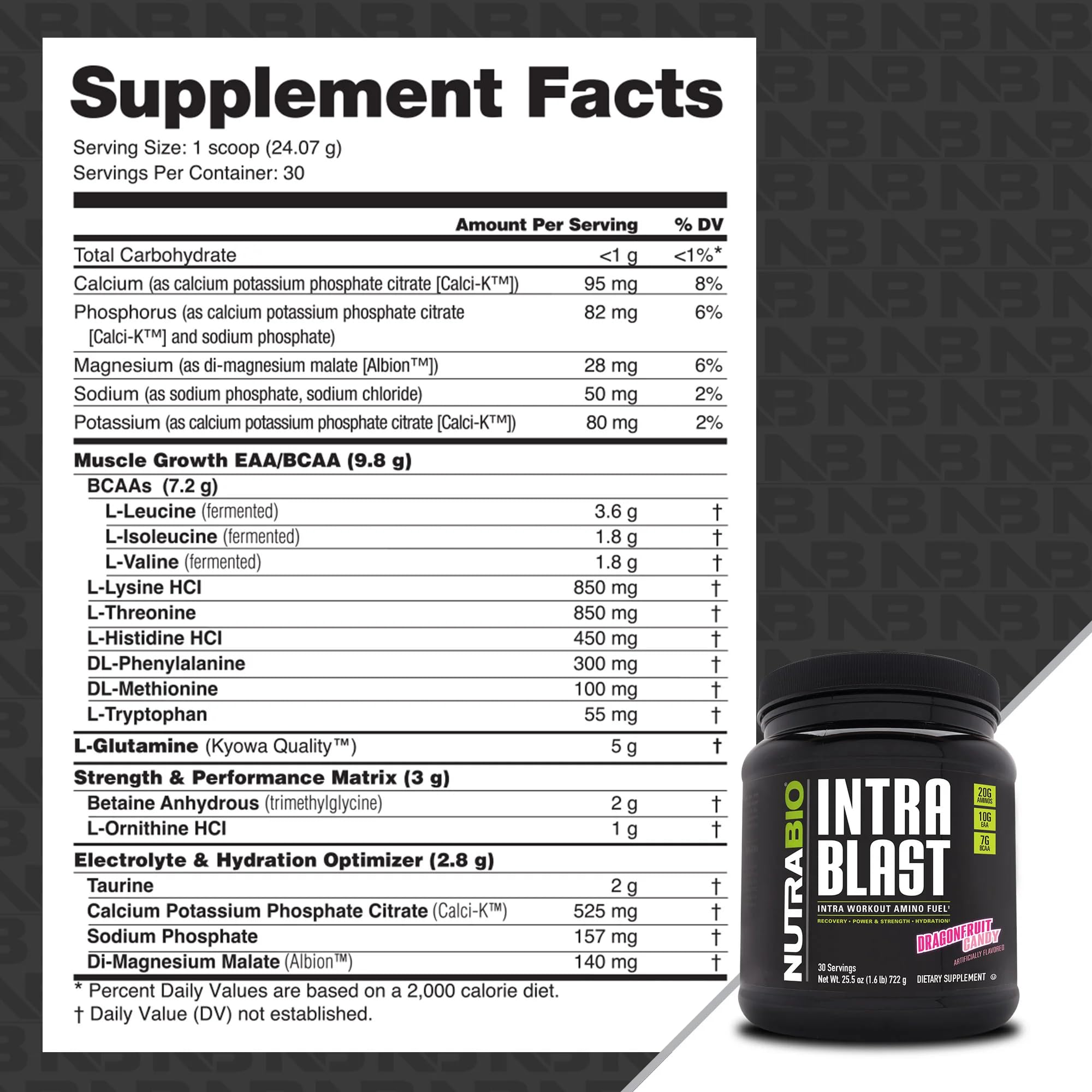 NutraBio Intra Blast scoop dispensing, dragonfruit candy flavor, quick mix for training.
