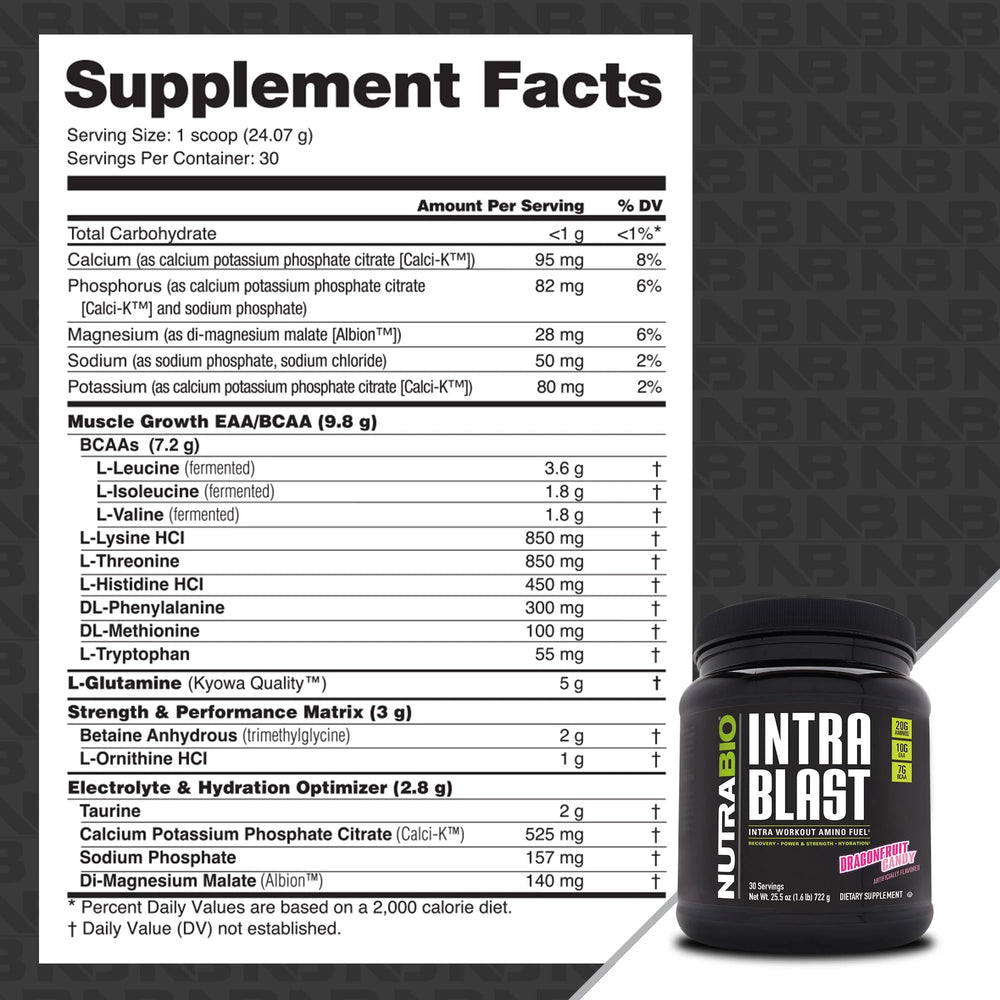 NutraBio Intra Blast scoop dispensing, dragonfruit candy flavor, quick mix for training.