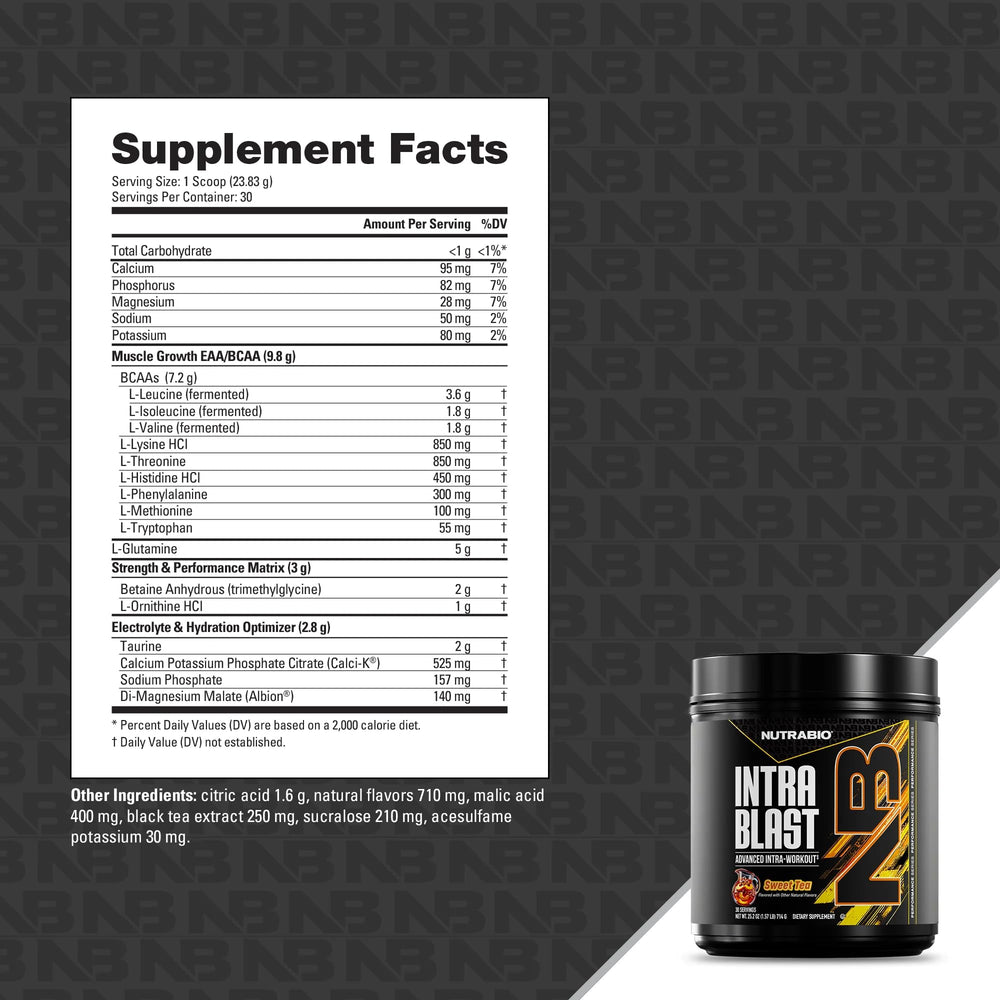 NutraBio Intra Blast scoop level shows easy dosing for intra-workout support