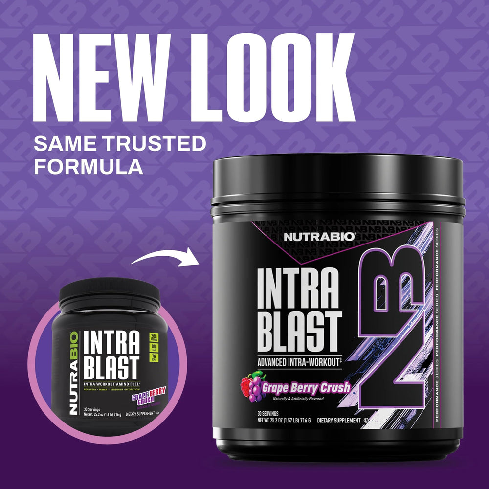 NutraBio Intra Blast scoop beside bottle for precise intra-workout dosing.