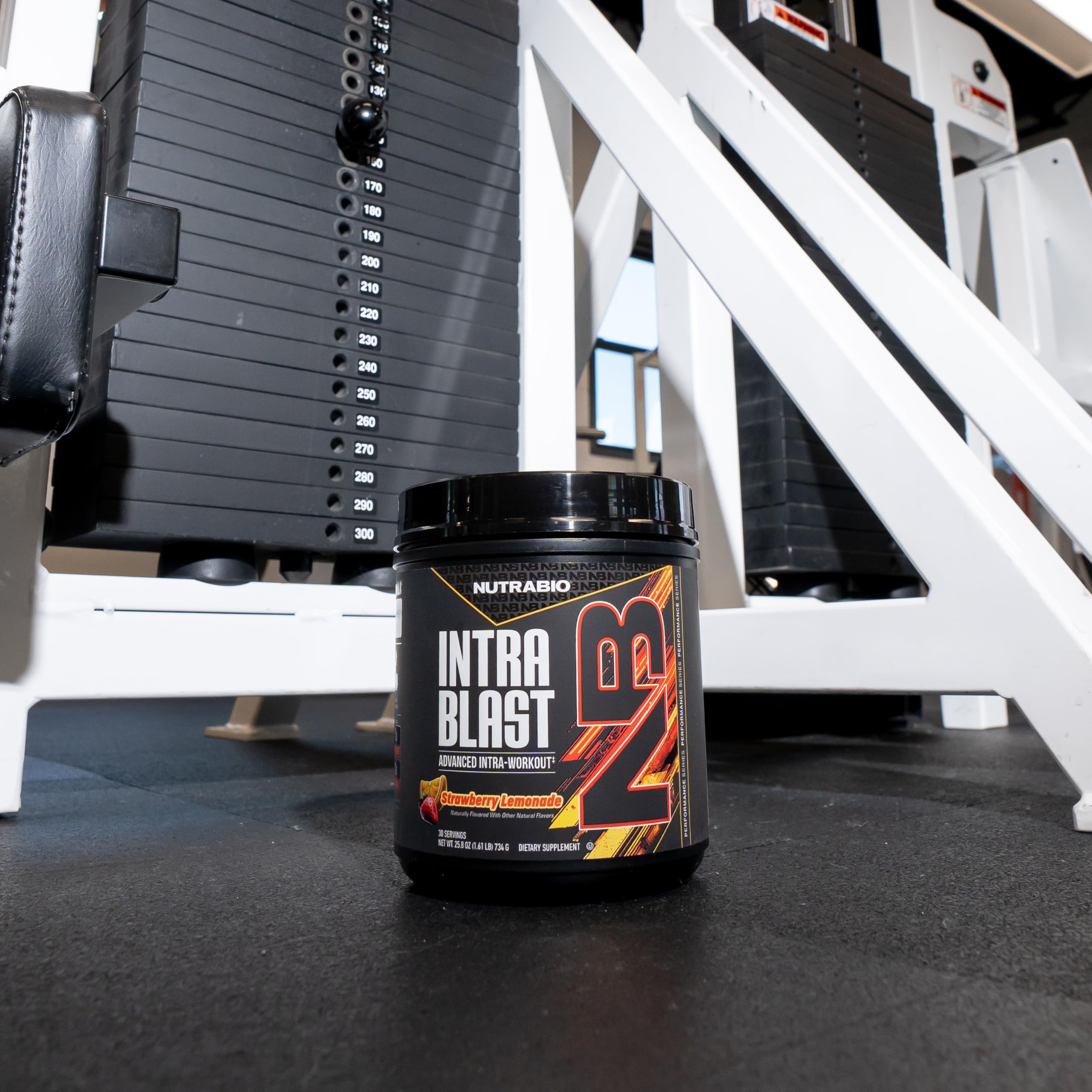 NutraBio Intra Blast strawberry lemonade drink suggests refreshing intra-workout hydration