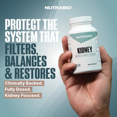 NutraBio Kidney Support label close-up emphasizes premium ingredients for oxidative stress defense