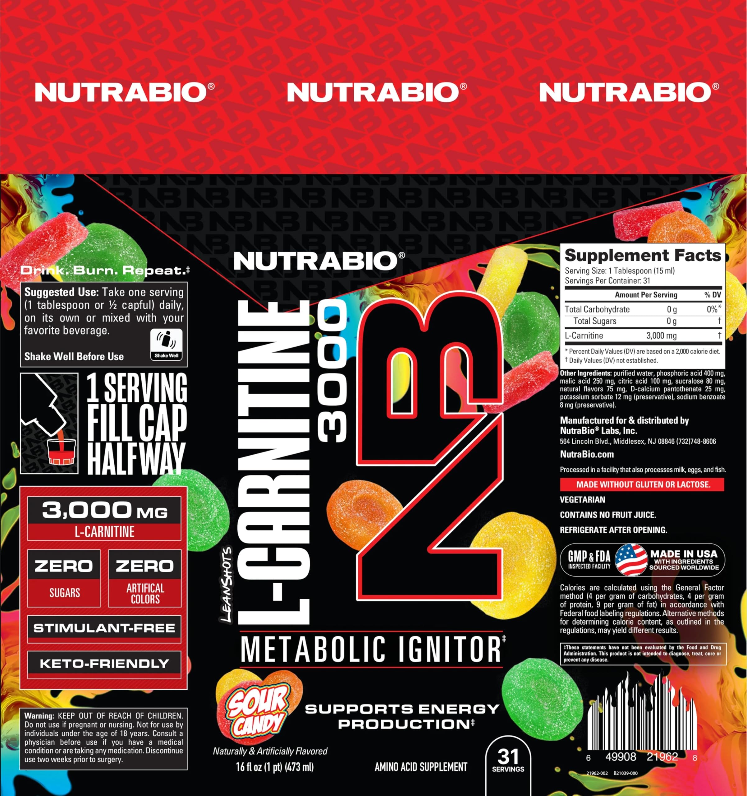 NutraBio L-Carnitine label shows 3000mg and zero carbs or sugars.