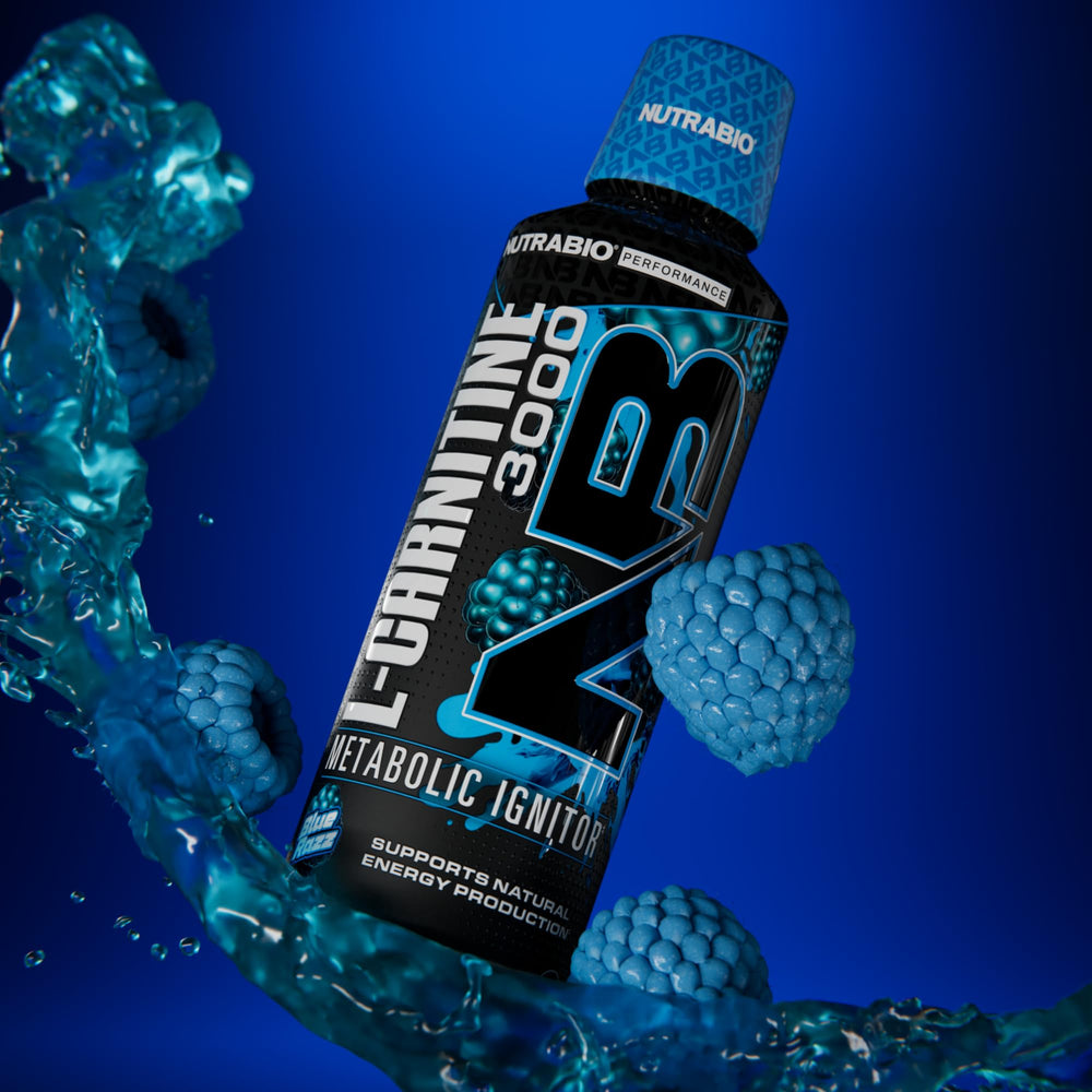 NutraBio L-Carnitine Liquid Shots bottle front emphasizes high-potency formula for active lifestyles.