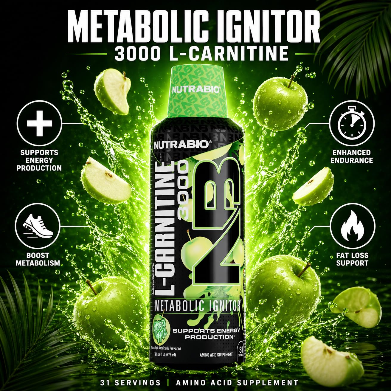 NutraBio L-Carnitine 3000mg close-up highlights potency per serving.