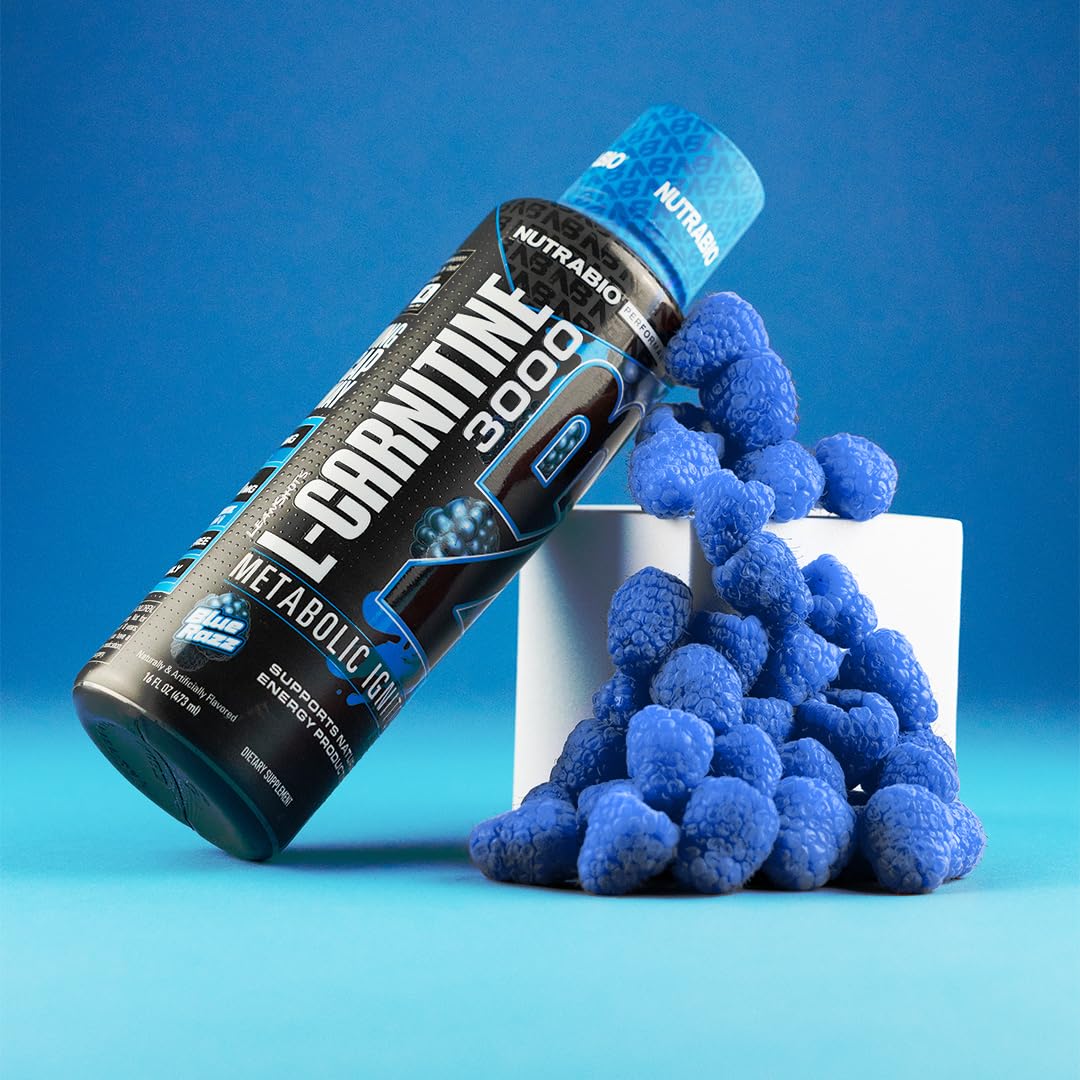 NutraBio L-Carnitine Liquid Shots pouring shot shows fast-acting, stimulant-free energy.