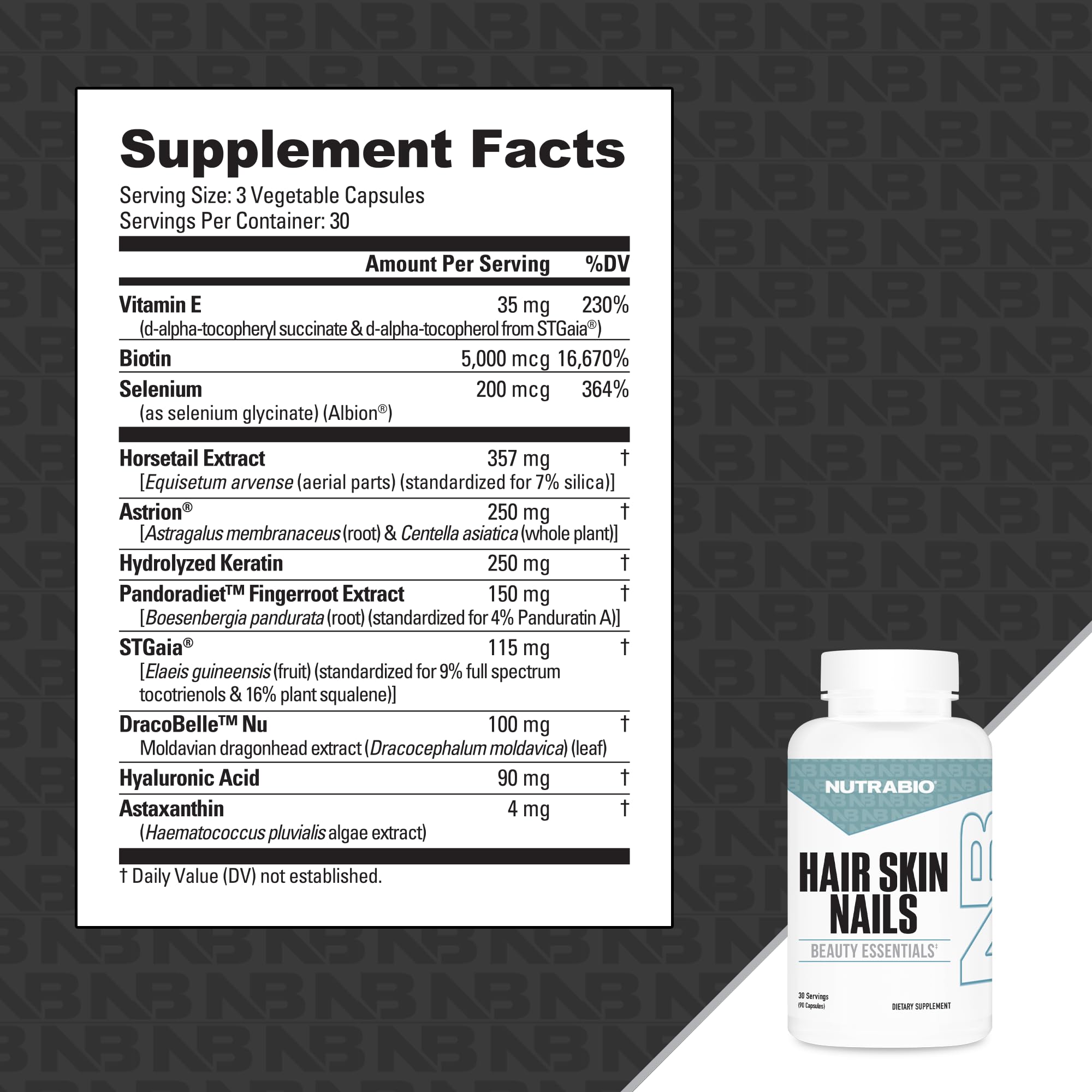 NutraBio label detail emphasizing biotin, collagen, and keratin blend.