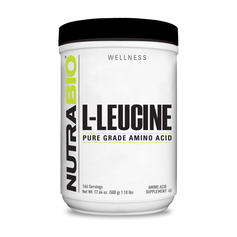 NutraBio Leucine bottle close-up showing pure amino acid supplement