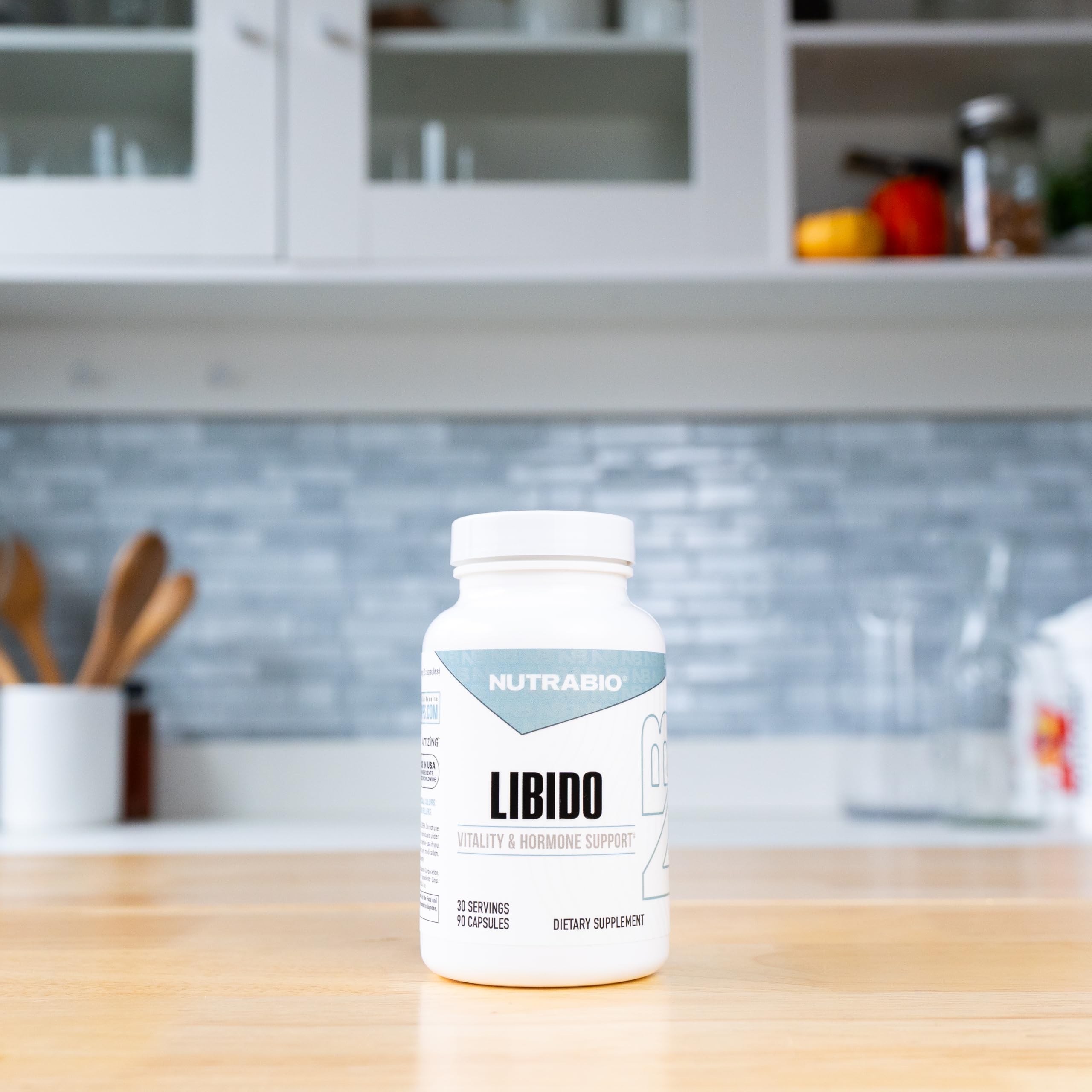 NutraBio Libido capsules closeup highlighting easy daily use.