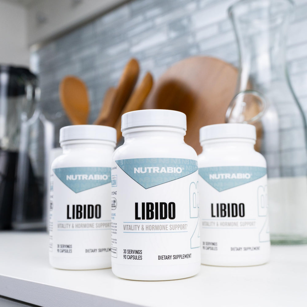 NutraBio Libido bottle on nightstand suggests a consistent vitality routine.