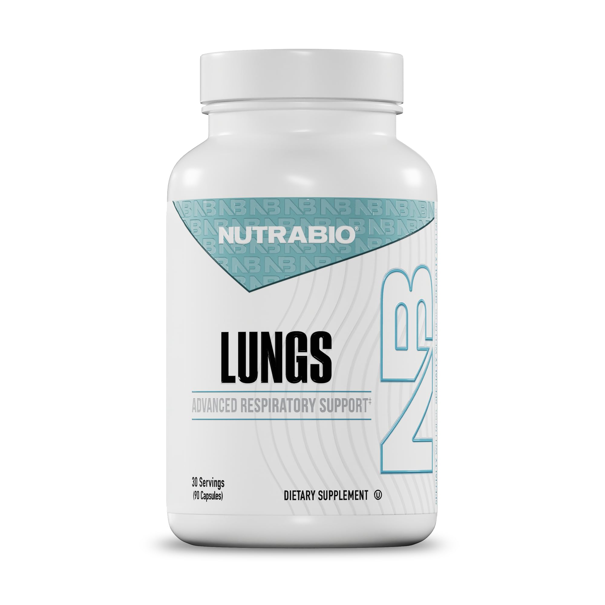 NutraBio Lungs bottle front showing label and dosage information for daily support.