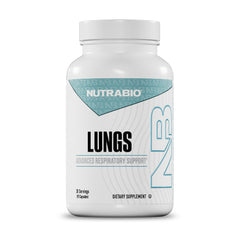 NutraBio Lungs bottle front showing label and dosage information for daily support.