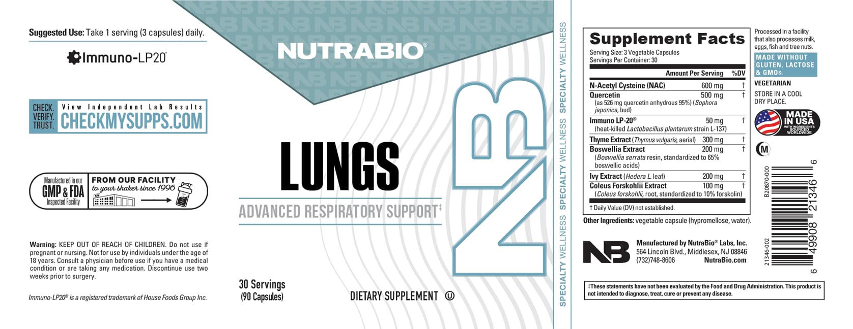 NutraBio Lungs ingredient icons emphasizing immune-supportive extracts.