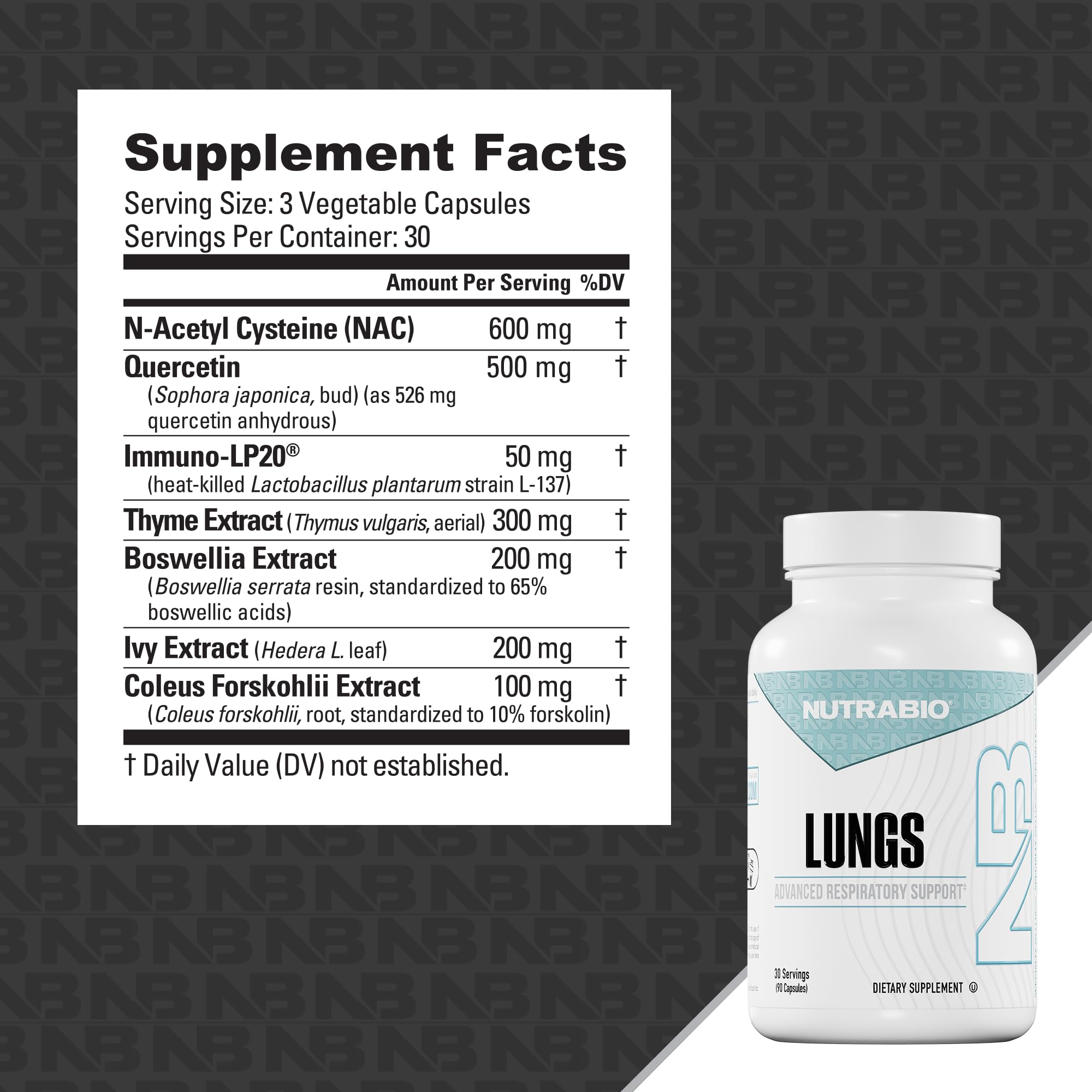 NutraBio Lungs label details highlighting NAC and Quercetin ingredients.