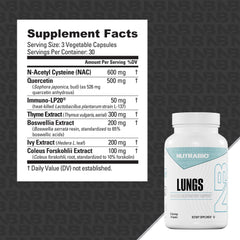 NutraBio Lungs label details highlighting NAC and Quercetin ingredients.