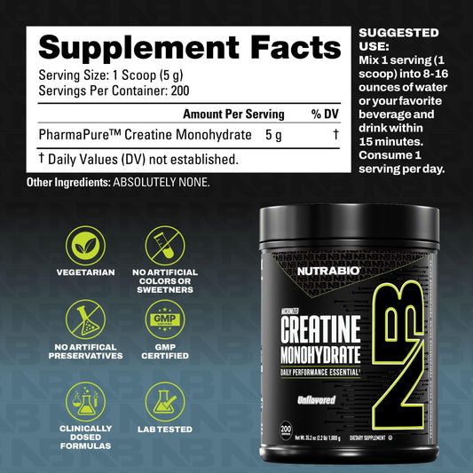 NutraBio creatine powder pour illustrating quick mix and smooth dissolving