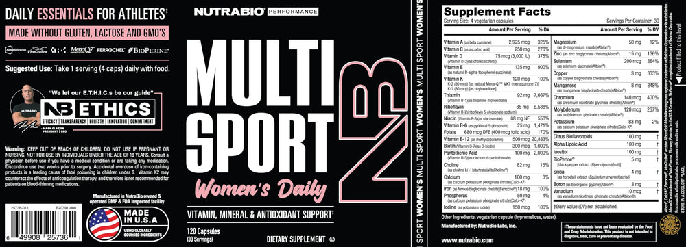 NutraBio Multisport for Women capsules closeup for easy daily use