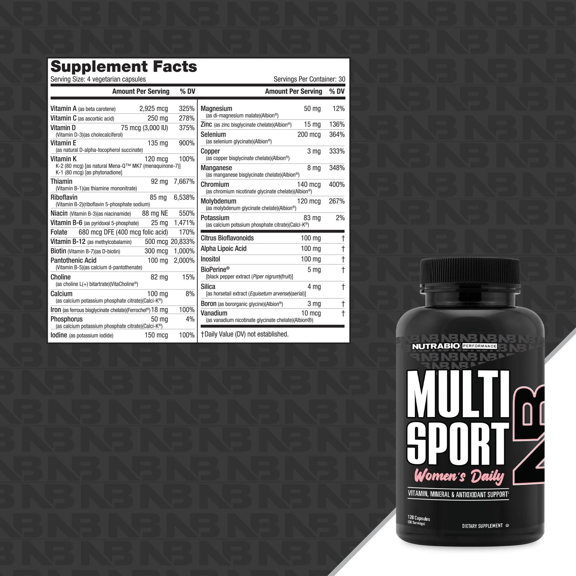NutraBio Multisport for Women label detail highlighting non GMO and kosher certifications