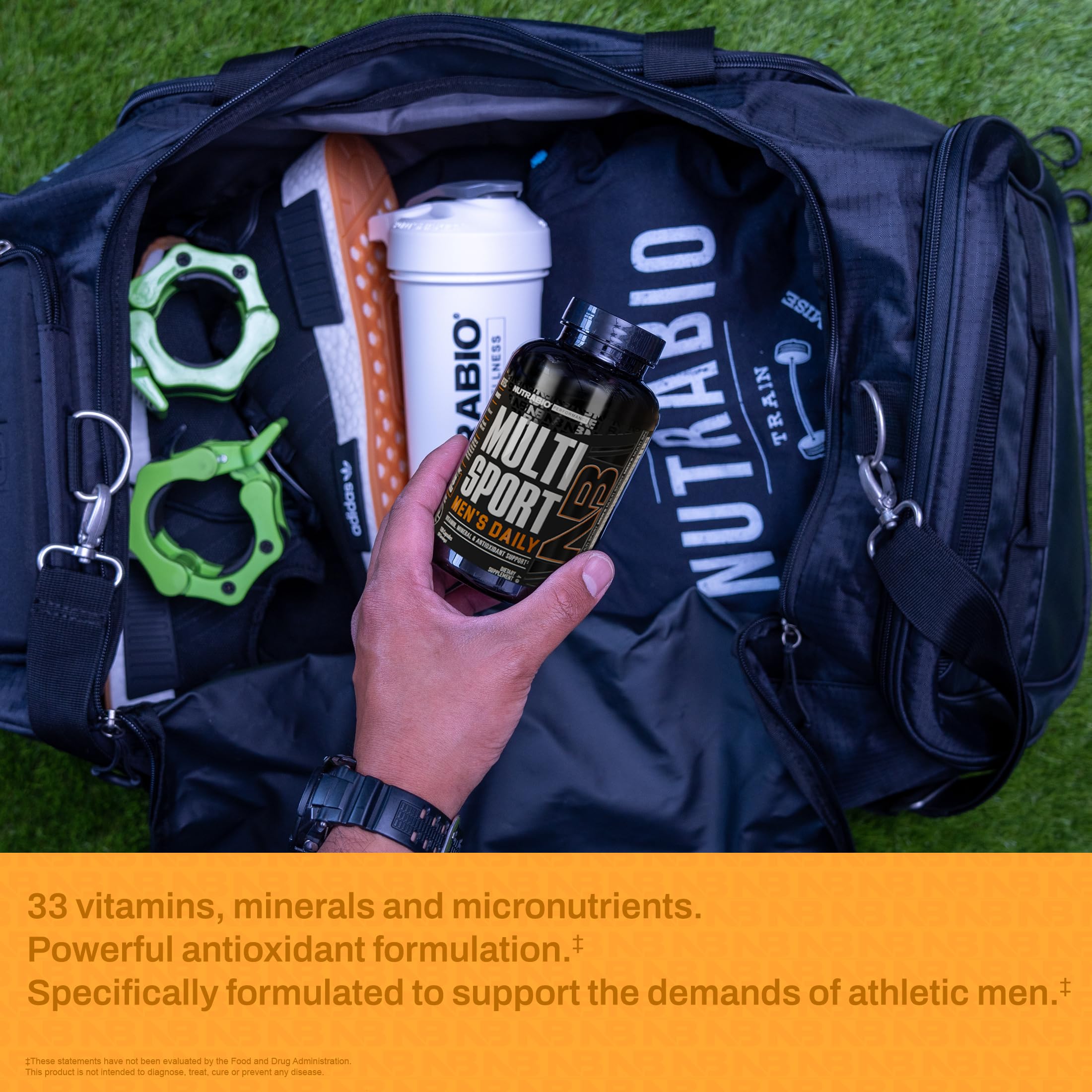 NutraBio Multisport made in the USA label beside bottle