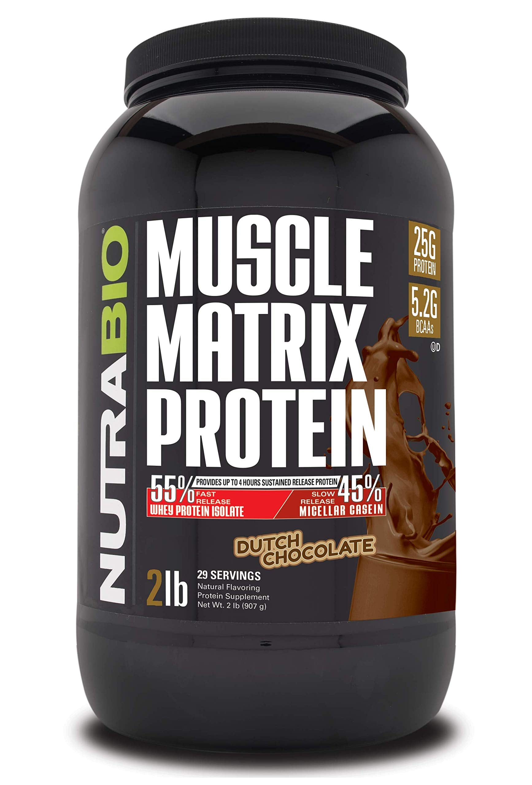 NutraBio Muscle Matrix Dutch Chocolate powder with dual protein release.