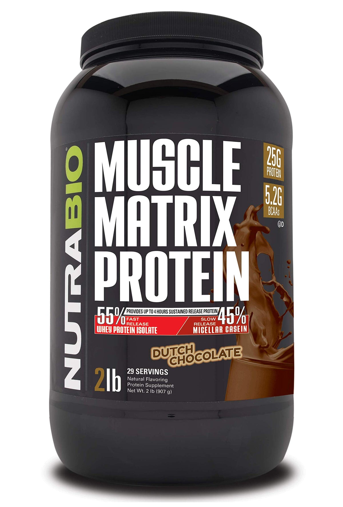 NutraBio Muscle Matrix Dutch Chocolate powder with dual protein release.