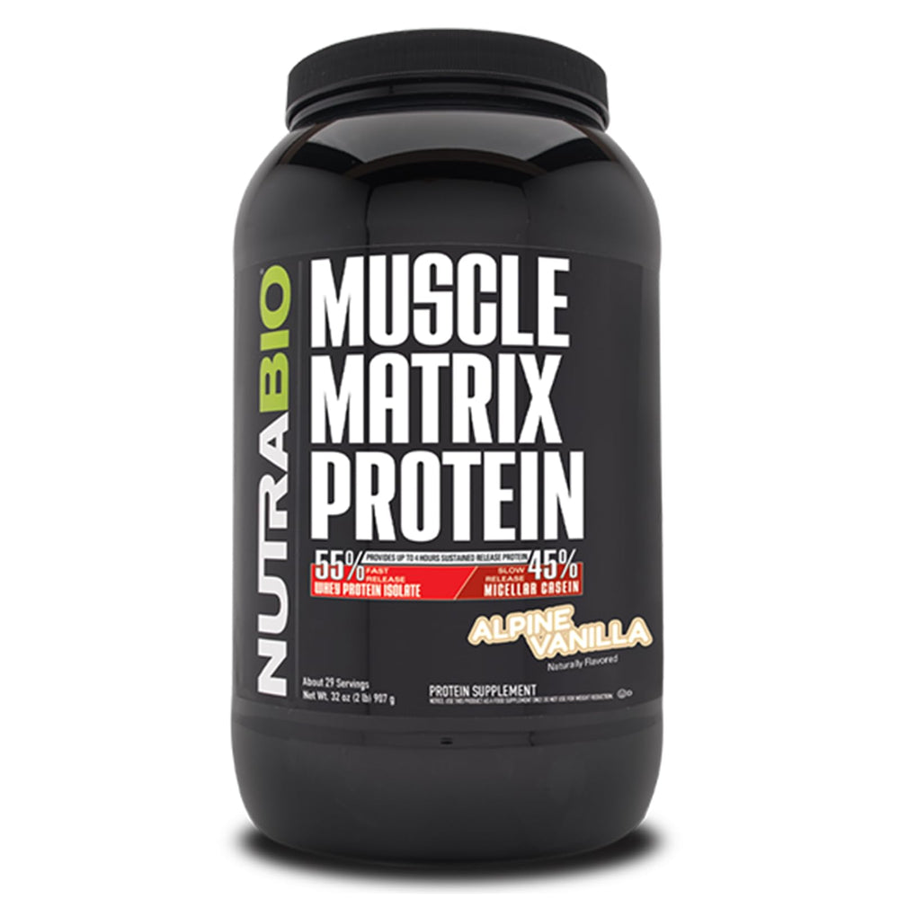 NutraBio Muscle Matrix bottle front view for post-workout recovery preparation
