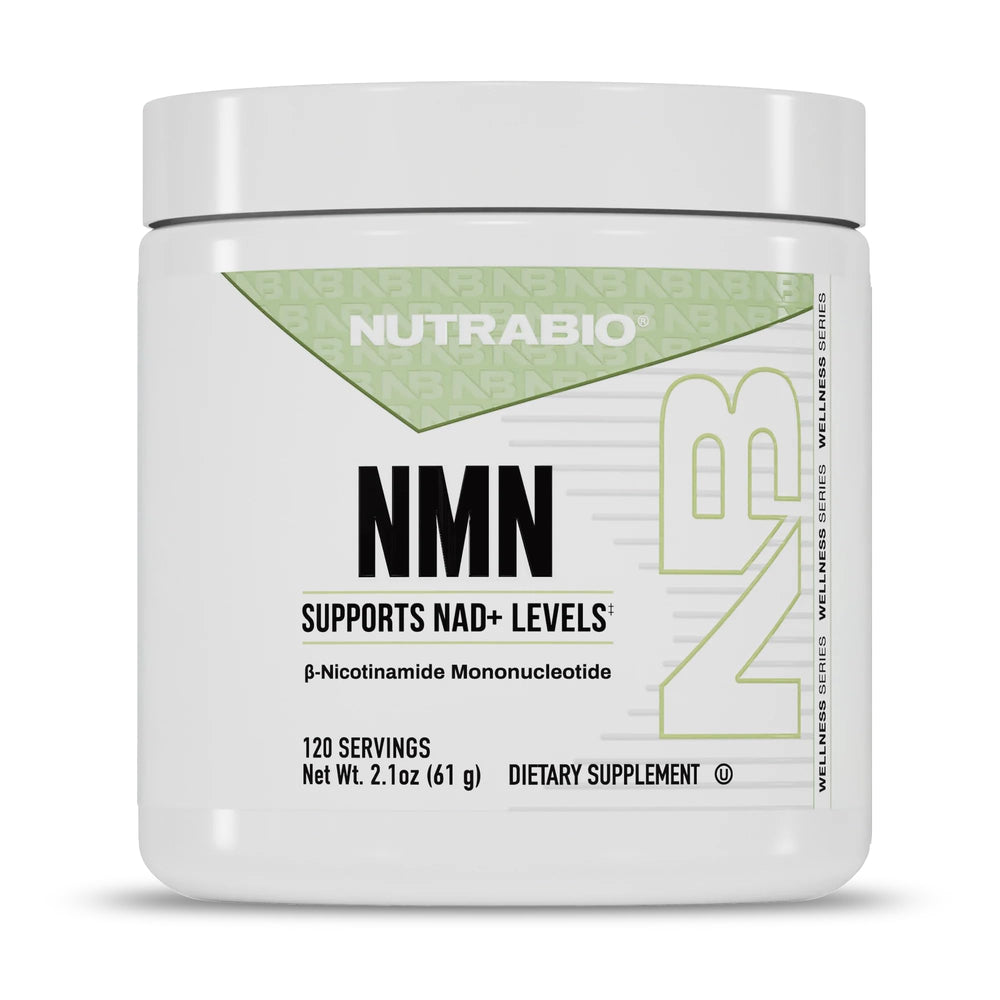 NutraBio NMN bottle front showing packaging for NAD+ support and daily use