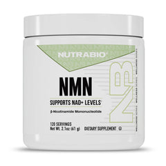 NutraBio NMN bottle front showing packaging for NAD+ support and daily use