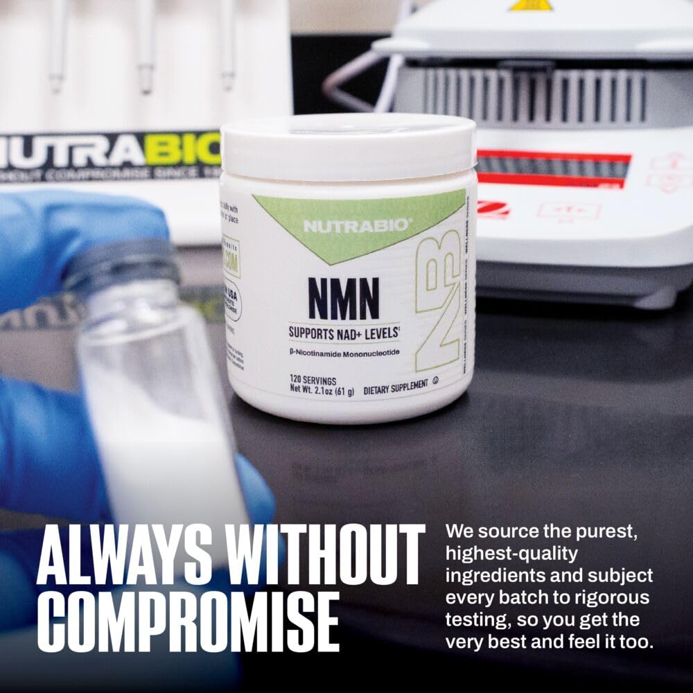 NutraBio NMN glass bottle setup conveying premium NAD+ support