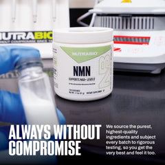 NutraBio NMN glass bottle setup conveying premium NAD+ support
