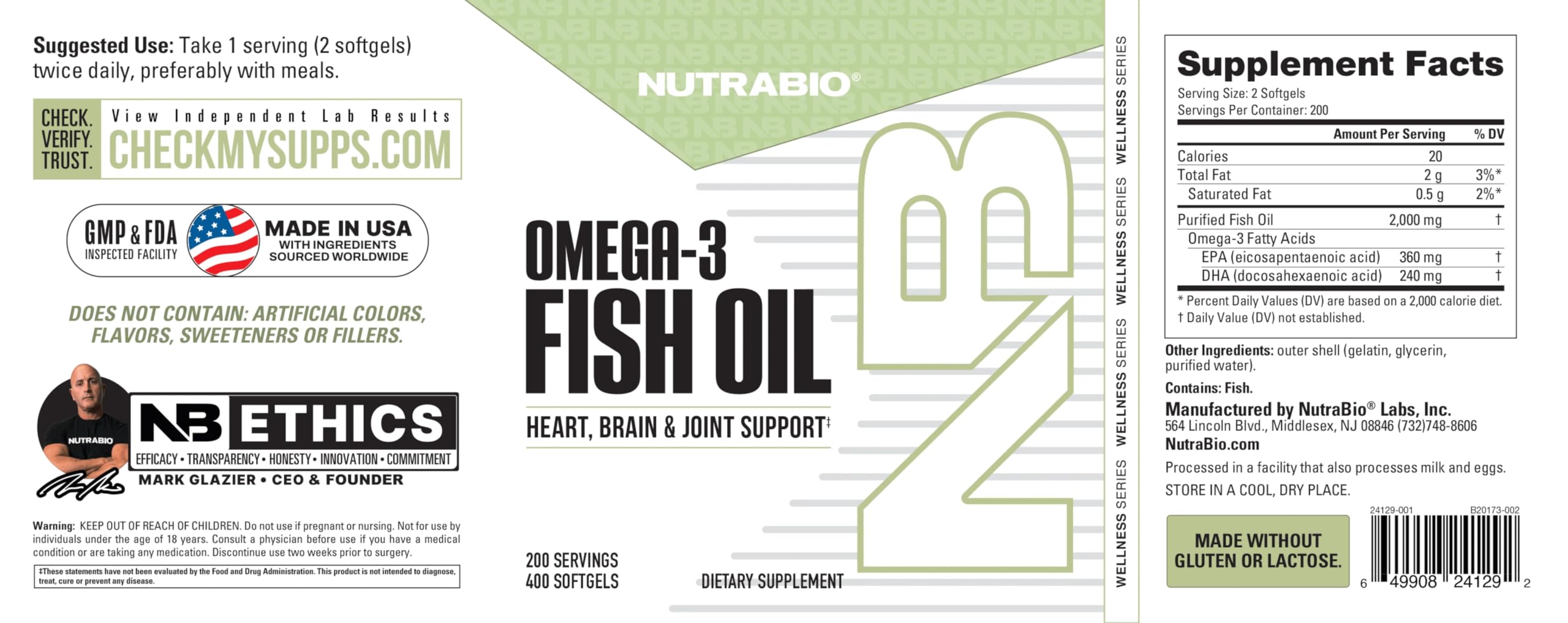 NutraBio Omega 3 label close-up displaying EPA and DHA facts.