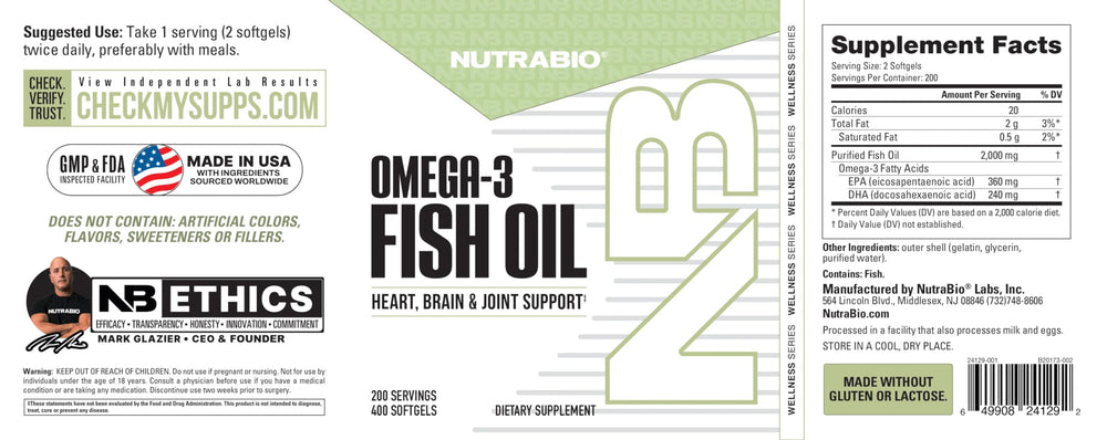 NutraBio Omega 3 label close-up displaying EPA and DHA facts.