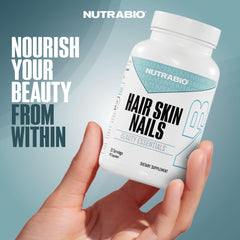 NutraBio packaging box showcasing a premium hair, skin, nails formula.