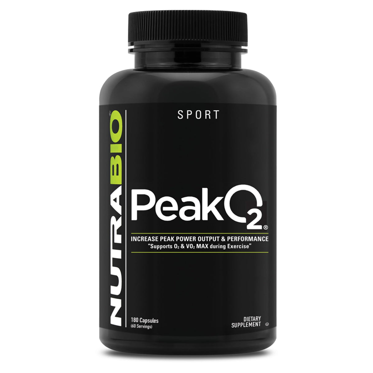 NutraBio PeakO2 bottle with mushroom blend for workouts and endurance support.