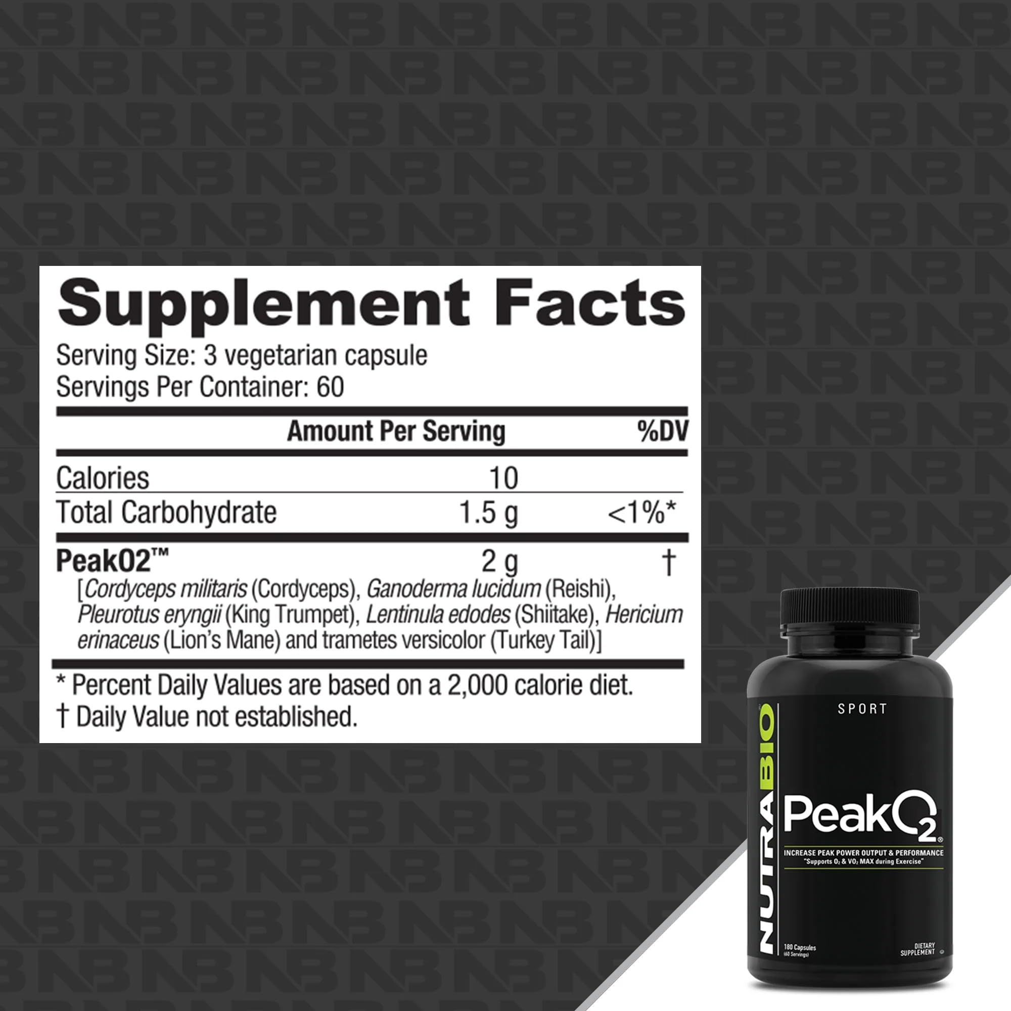 NutraBio PeakO2 capsules ready for daily endurance and recovery support.