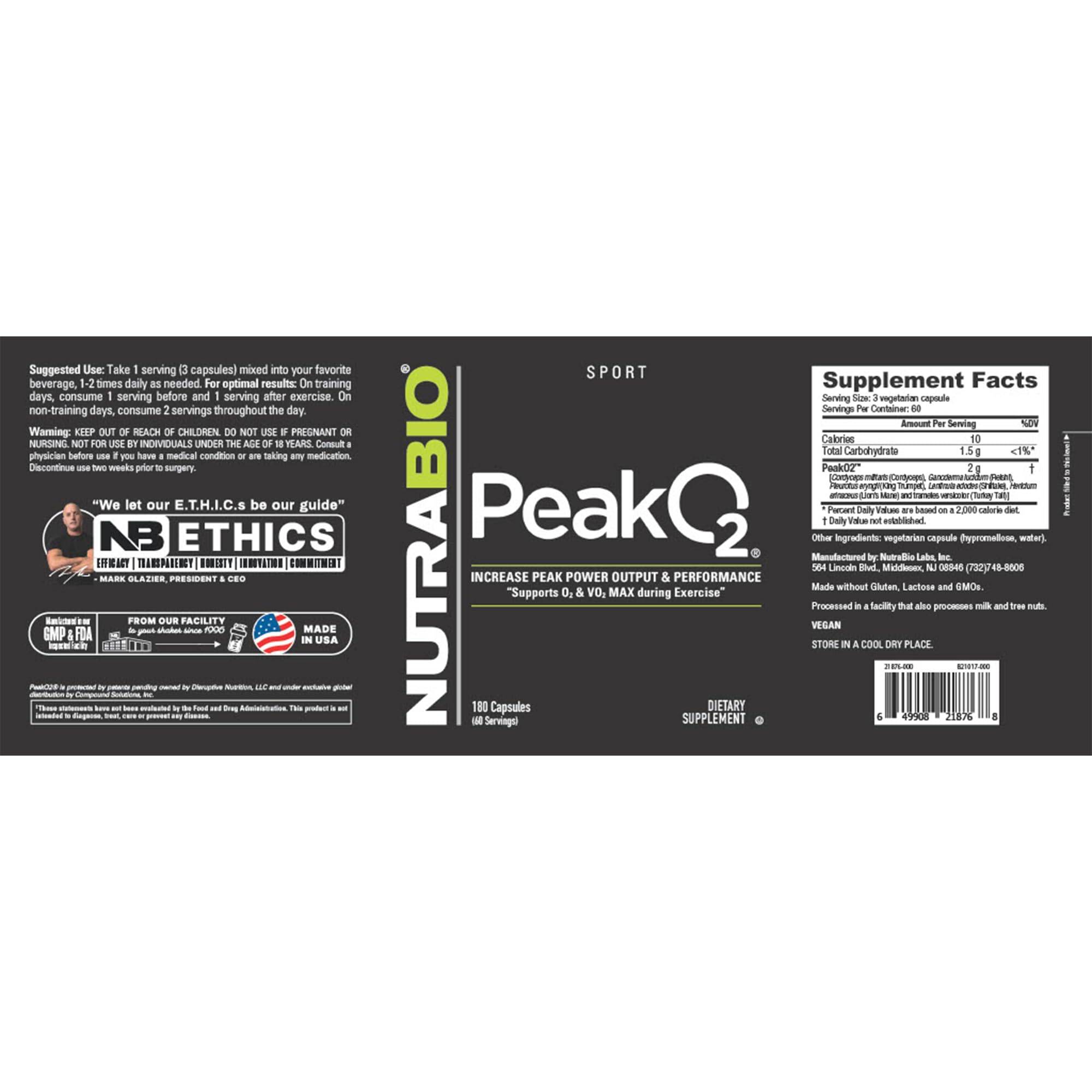 NutraBio PeakO2 label shows transparent ingredients and third-party testing.