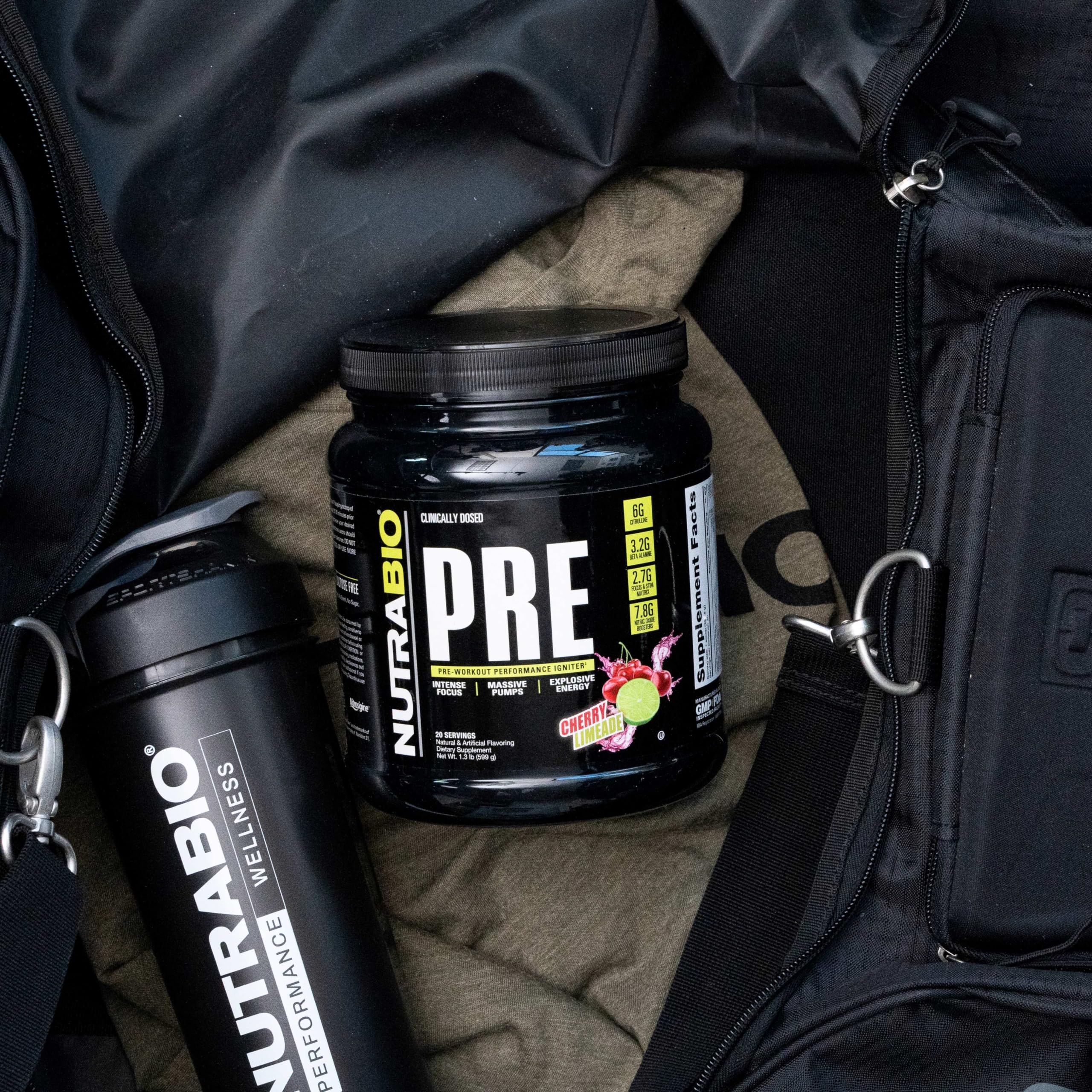 NutraBio PRE Workout Powder bottle on shelf signals everyday training companion.